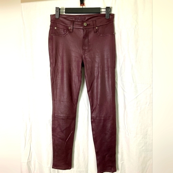 7 FOR ALL MANKIND MID RISE ANKLE SKINNY BURGUNDY JEATHER PANTS 25 - Picture 1 of 5